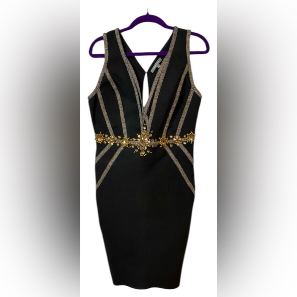 Gorgeous WOW Couture bodycon bandage dress gold details and amber Crystal size L